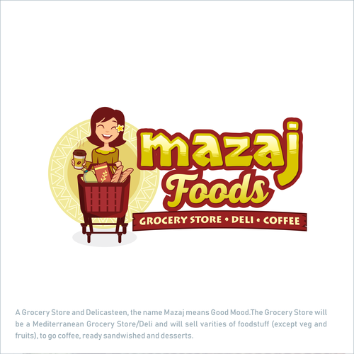 Shopping cart logo with the title 'Character / mascot logo for Grocery store and deli coffee logo'