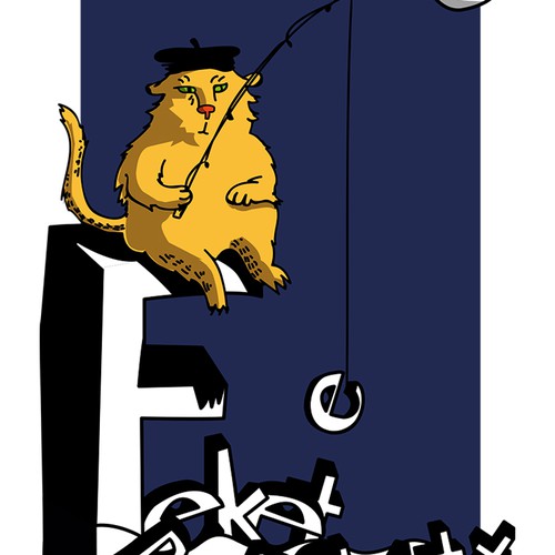 Yellow artwork with the title 'Cat Fishing Letters at Full Moon'