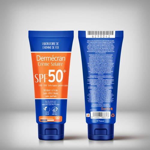 Cream packaging with the title 'Desing tube Crème solaire SPF50+'