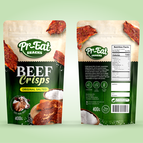 Snack packaging with the title 'PR-EAT SNACKS - BEEF CRISPS - POUCH PACKAGING DESIGN'