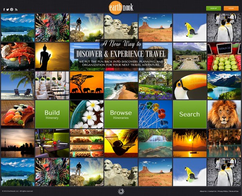 Tile design with the title 'Landing Page for Earth Nook, Discover & Experience Travel'