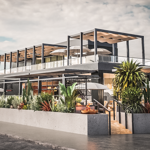 Exterior design with the title '3D Rendering for a restaurant'