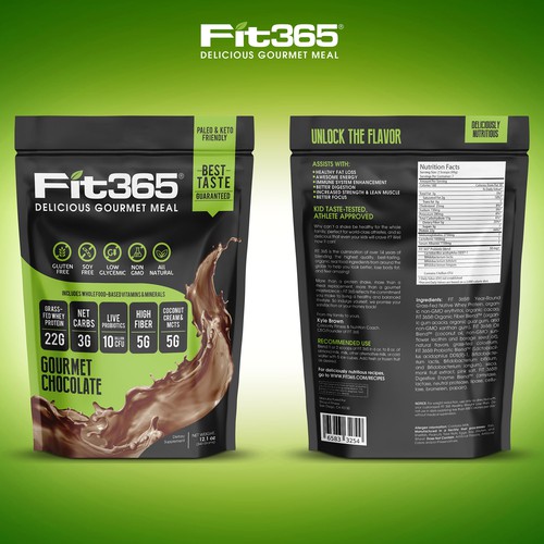 Drink packaging with the title 'Create New Packing for Top Protein Shake Supplement Brand FIT 365'