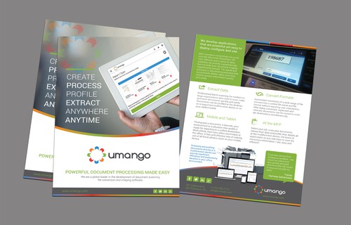 Print design with the title 'Design us an engaging brochure for our software applications'
