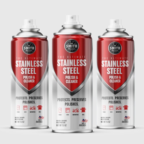 Red design with the title 'Aerosol can label for a stainless steel polish and cleaner'