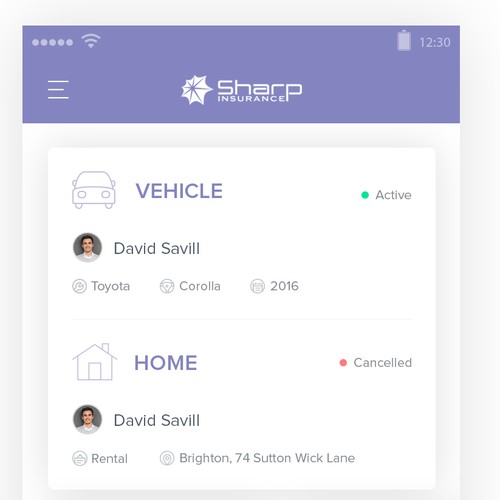 Android design with the title 'Insurance Mobile App'
