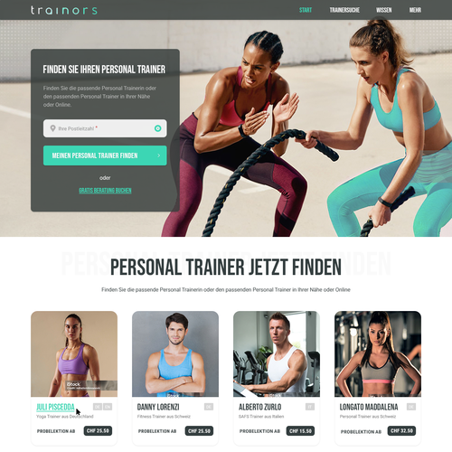 Sports website with the title 'Find a trainer'