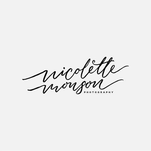 Brush pen design with the title 'nicolette monson photography handlettering logo'