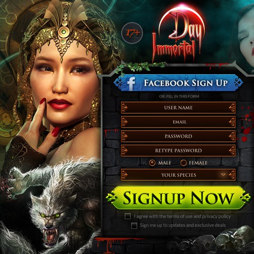 Vampire design with the title 'Create a high conversion landing page for a Vampire-based Online Game'