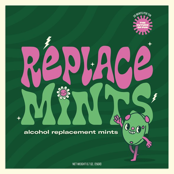 Retro packaging with the title 'Modern Psychedelic Mint Tin Packaging'