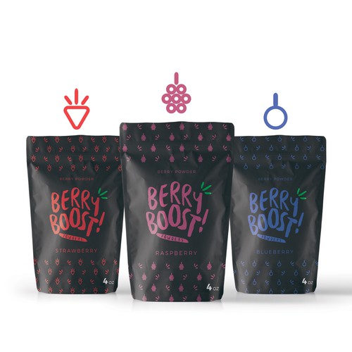 Powder packaging with the title 'Berry Boost Powders Logo & Packaging Design'