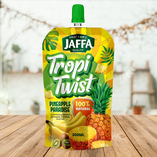 Fruit packaging with the title 'Concept Packaging Design for Juice Drinks in Pouch'