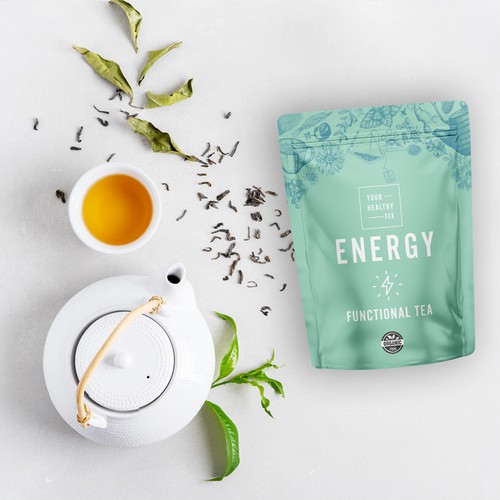 Energy packaging with the title 'Loose Tea Stand-up Pouches'