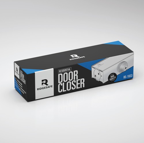 Line art packaging with the title 'RIDGECAGE Residential Door Closer'