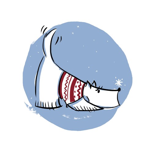 Holiday illustration with the title ' Dog in a sweater'