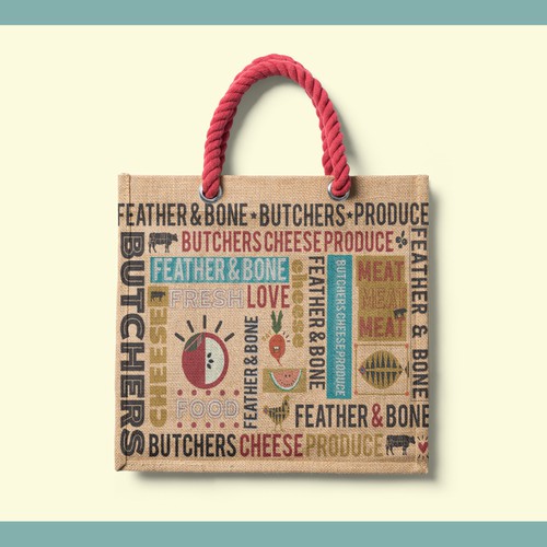 Cheese packaging with the title 'Feather & Bone Shopping Bag Design'