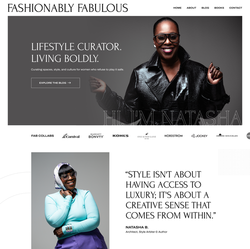 Design with the title 'WordPress Website Redesign in Figma for Fashionably Fabulous a Luxury Editorial Personal Brand & Author in USA'