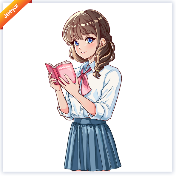 Anime illustration with the title 'Manga character for reading books'