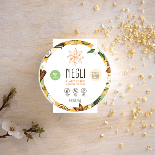 Food label with the title 'Label design for a healthy desert - Plant based Arabian Pudding'