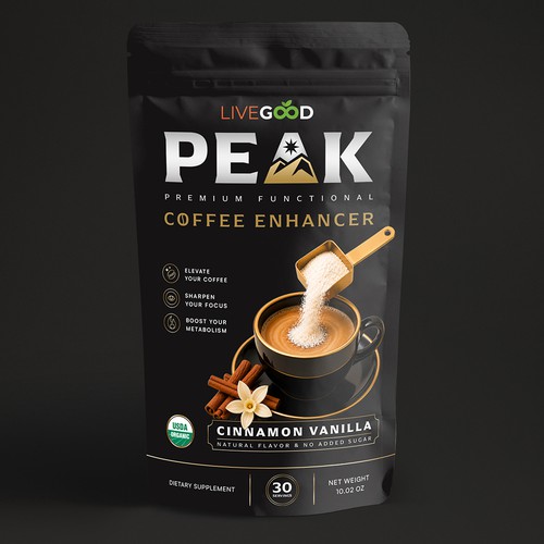 Coffee packaging with the title 'PEAK - PREMIUM FUNCTIONAL COFFEE ENHANCER'