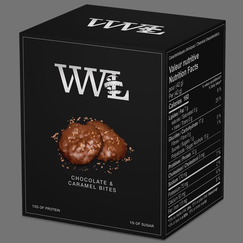 Silver foil packaging with the title 'Chocolate & Caramel Bites'