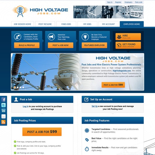 Desktop website with the title 'Help HighVoltageJobs.com with a new website design'