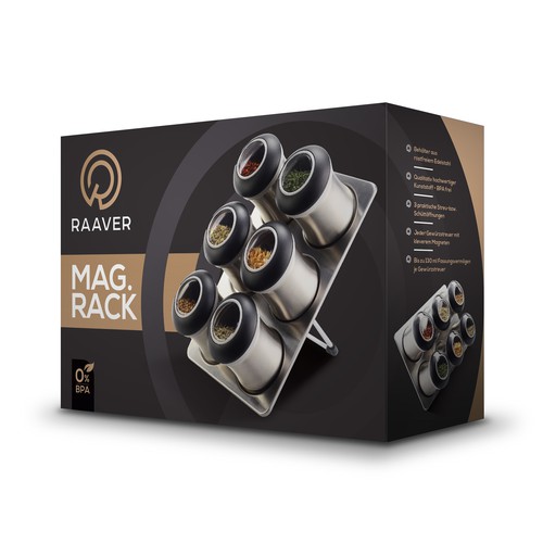 Premium packaging with the title 'RAAVER Magnetic Rack Box Design'