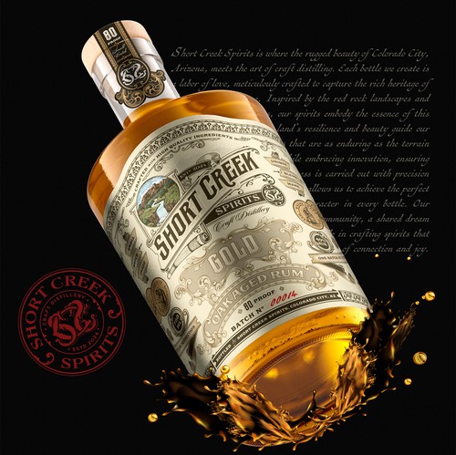 Bottle packaging with the title 'Short Creek Spirits Gold rum label'