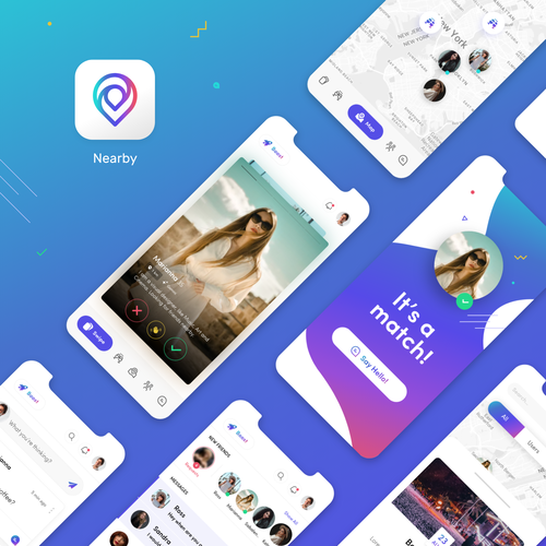 Friendship design with the title 'Nearby, dating mobile app'