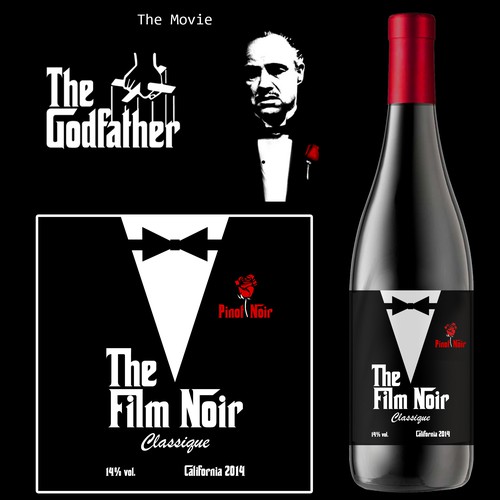 Red label with the title 'Wine label - movie theme'