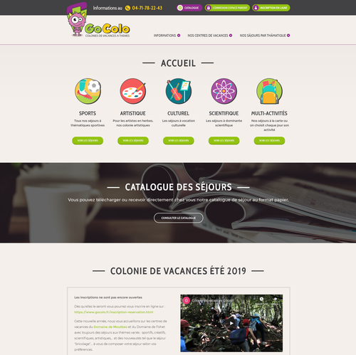 Children's website with the title 'GoColo - Colonies De Vacances A Themes'