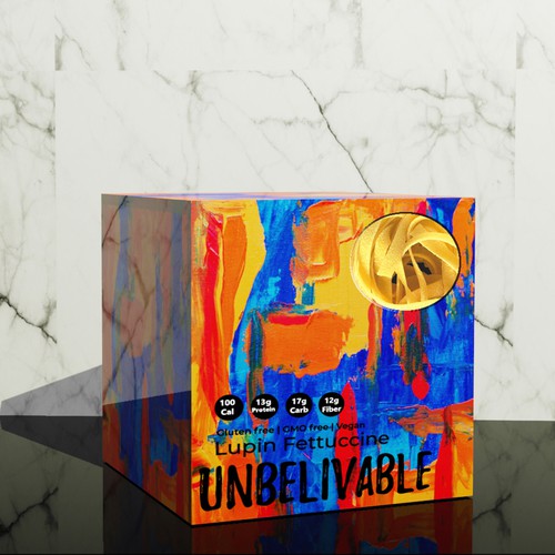 Brand packaging with the title 'Unique artistic pasta package design'