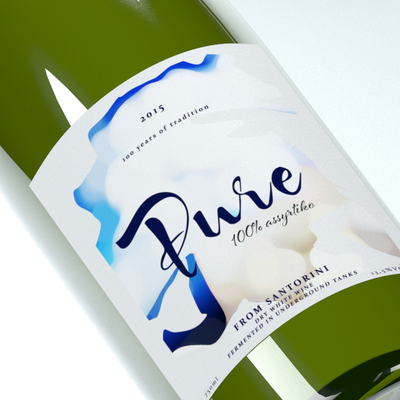 Create a wine label for a unique product, Pure, Assyrtiko from Santorini