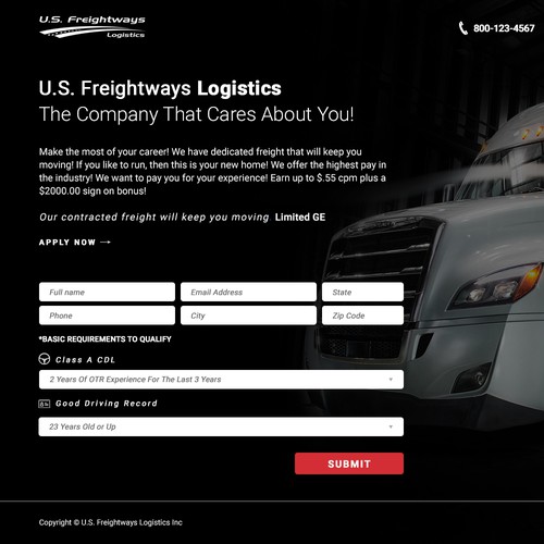 Black background design with the title 'Landing Page Design for Drivers Recruiting'
