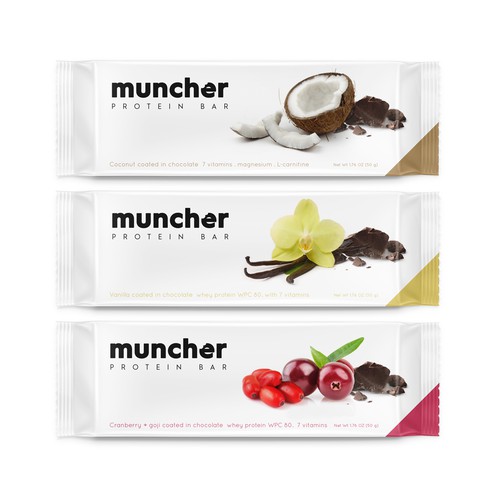 Label packaging with the title 'Muncher. Premium protein bar'