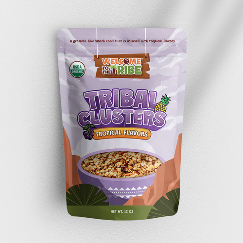 Healthy food packaging with the title 'Packaging Design for FruTropics® Tribal Clusters Mix - Granola Snack'
