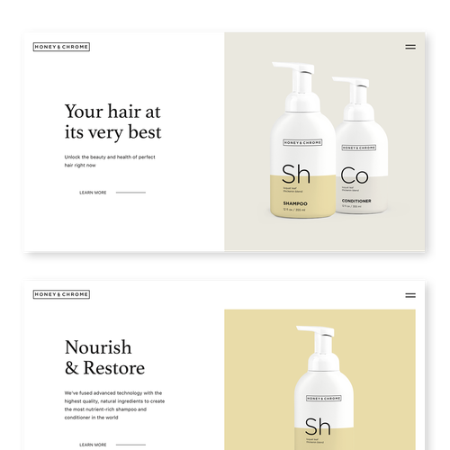Beauty website with the title 'Design packaging and website for honey and chrome'