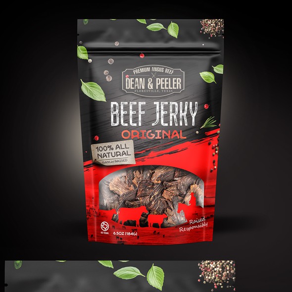 Jerky packaging with the title 'Beef Jerky Bag for Texas Angus Beef Brand'