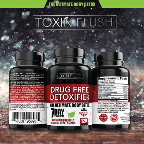 Nutritional supplement packaging with the title 'Detoxifier label'