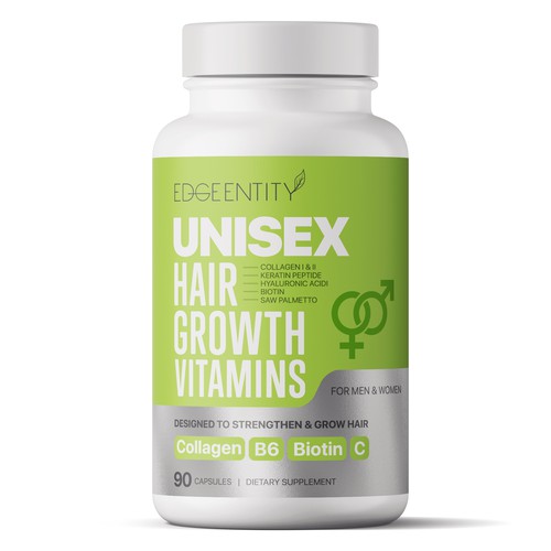 Nutritional supplement packaging with the title 'HAIR GROWTH VITAMINS'