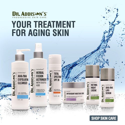 Water artwork with the title 'Design one gorgeous graphic image of a group of 6 moisturizing anti-aging skin care products'