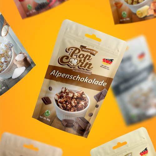 Chocolate design with the title 'PREMIUM POPCORN - PACKAGING'