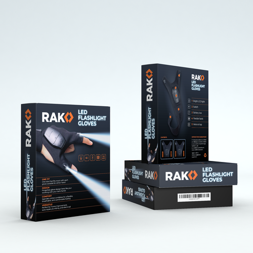 Technology packaging with the title 'RAK Led Flashlight Gloves'