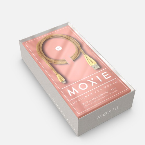 Women packaging with the title 'BOX for MOXIE Gold Charge Cable'