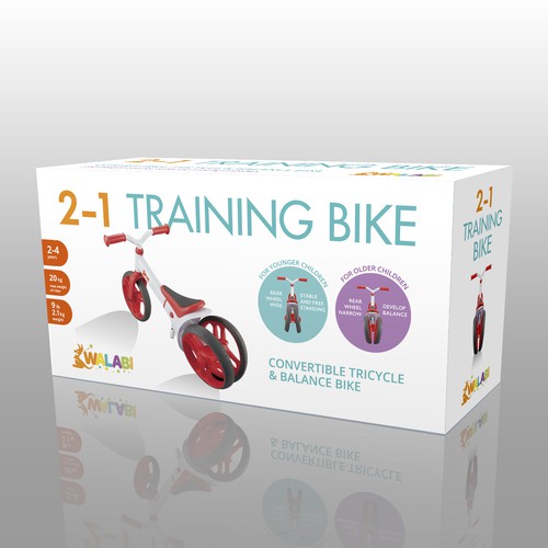Toy packaging with the title 'Innovative Childrens Bike for Walabi'