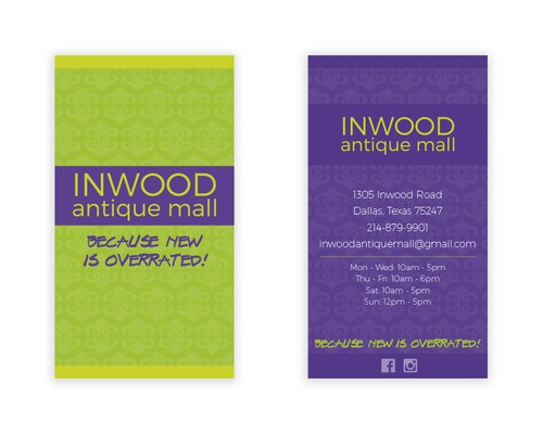 Violet design with the title 'Inwood Antique Mall - Business card design '