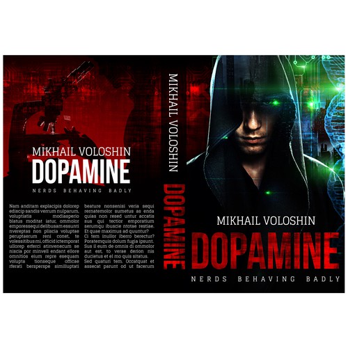 Collage book cover with the title 'Book cover for a modern-day cyberpunk technothriller DOPAMINE'