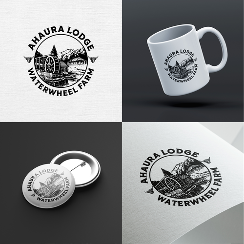 Hill logo with the title 'Ahaura Lodge & Waterwheel Farm – Hand-Drawn Emblem Logo'