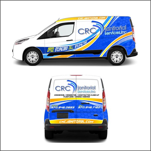 Decal design with the title 'crc janitoral services wrap car design'