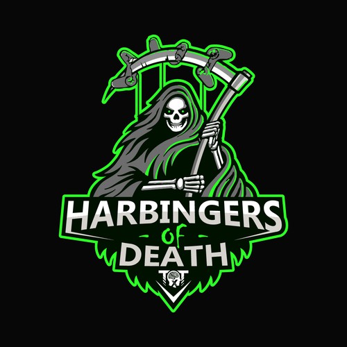 Grim reaper logo with the title 'Harbingers of death'